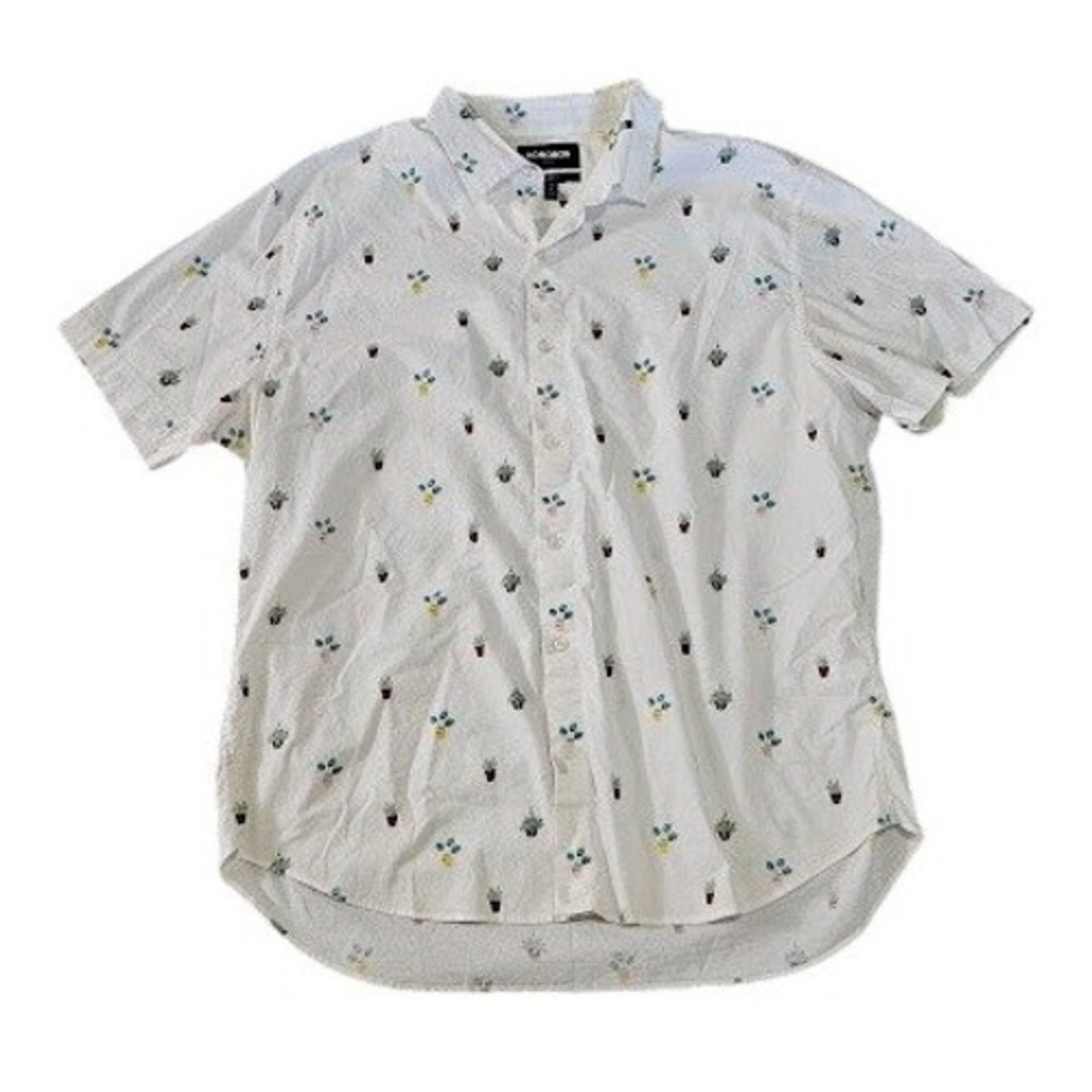 Bonobos Button Up Stretch Shirt Mens XL White Potted Plant Print Short Sleeve